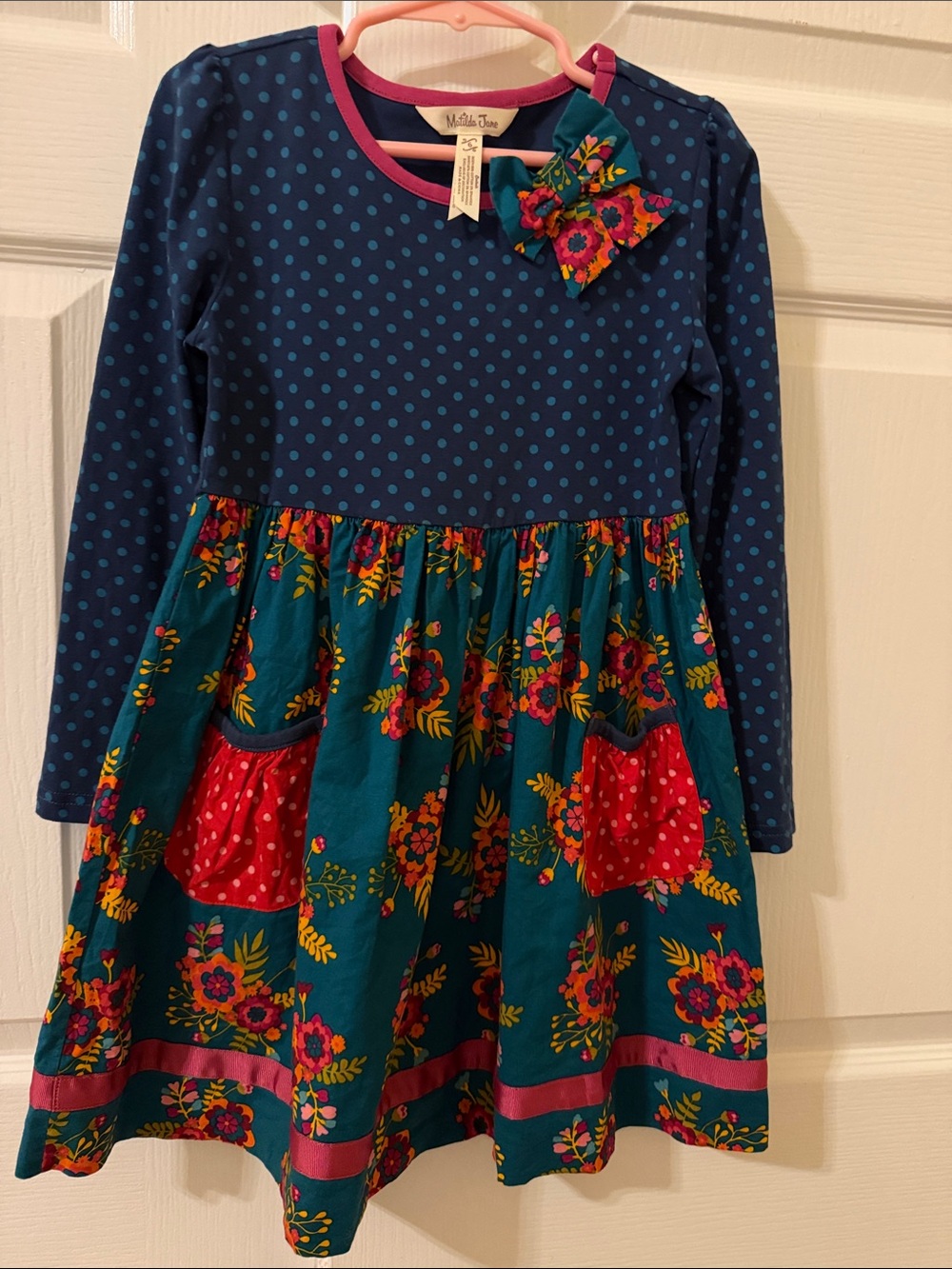 Matilda Jane Girls' Teal & Navy Floral Polka Dot Dress size 6